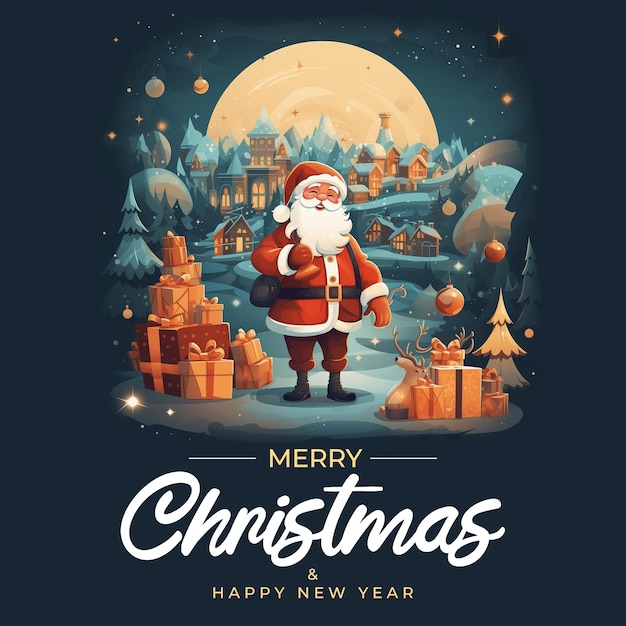 クリスマスと新年あけましておめでとうございます サンタの贈り物とクリスマスツリーのソーシャルメディア投稿