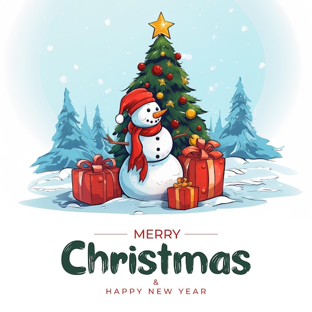 Счастливого рождества и счастливого нового года в социальных сетях с снеговиком, подарками и рождественской елкой