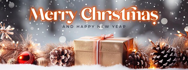 PSD クリスマスと新年あけましておめでとうございます プレゼントボックス 杉の枝と松の ⁇  雪でクリスマス