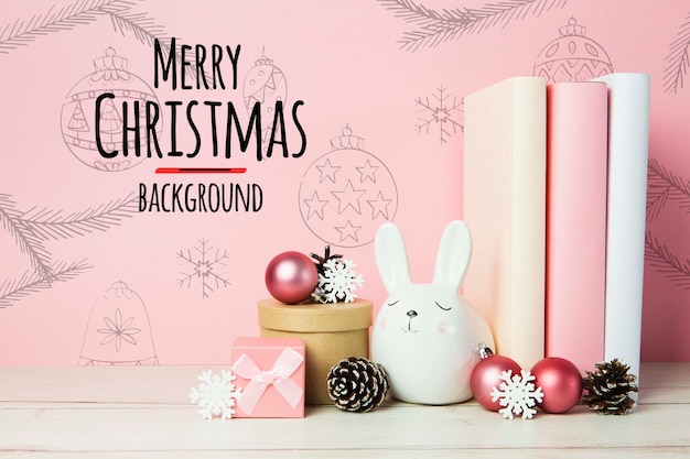 Merry christmas background arrangements with books and ornaments