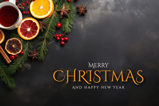 PSD merry christmas background with christmas still life assortment with copy space flat lay