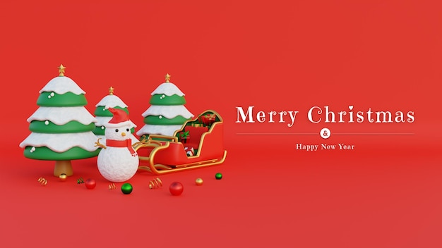 Merry christmas banner met sneeuwpop kerstmuts en kerstmankoets gevuld met geschenken en besneeuwde bomen