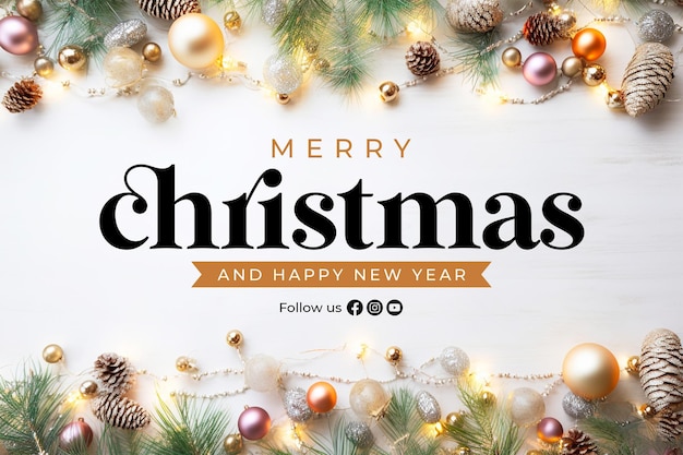 PSD merry christmas banner template christmas brance pine tree leaf little lamps tumblr white luxury