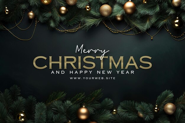 PSD クリスマス・ブランス・パイン・ツリー・リーフ・リトル・ランプの装飾でメリー・クリスマス・バナー・テンプレート