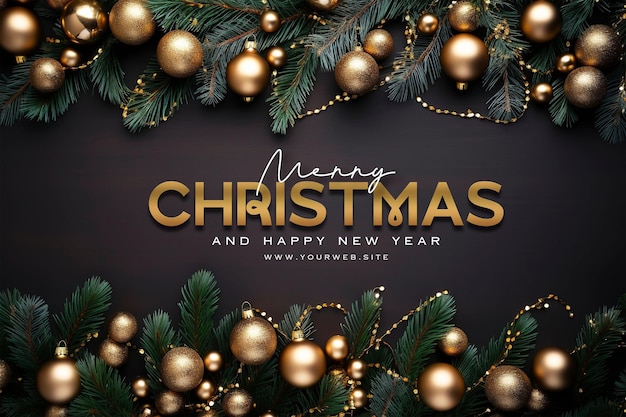 PSD merry christmas banner template with christmas brance pine tree leaf little lamps decoration