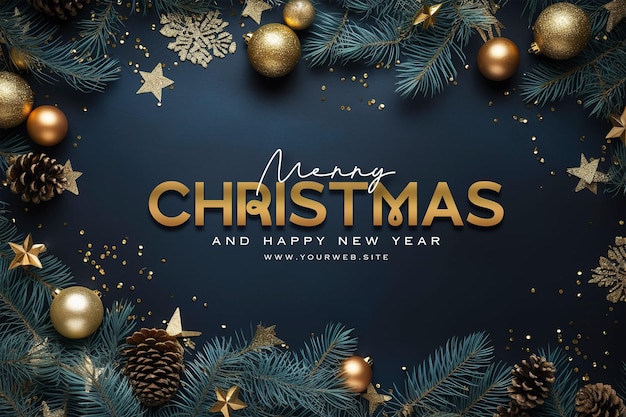 PSD merry christmas banner template with christmas brance pine tree leaf little lamps decoration