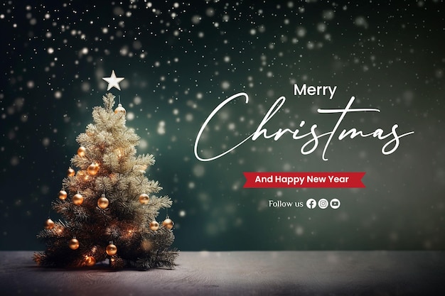 PSD クリスマスツリーとブケ背景のメリークリスマスバナーのテンプレート
