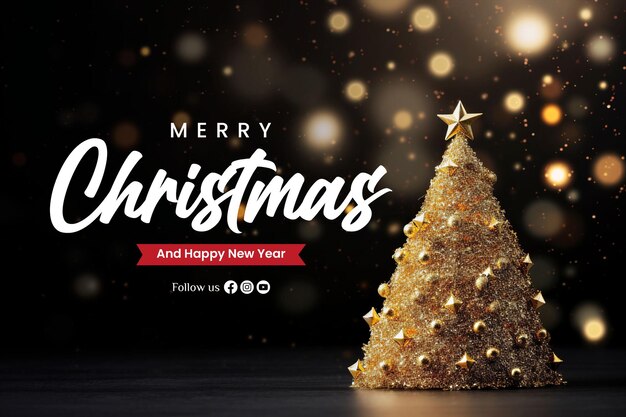 PSD modello di banner di buon natale con albero di natale con sfondo bookeh