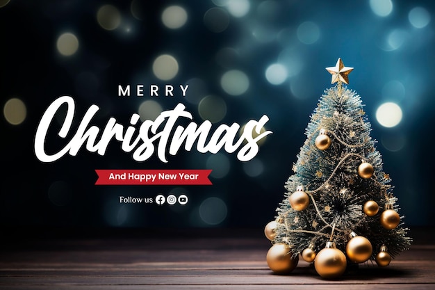 Merry christmas banner template with christmas tree with bookeh background