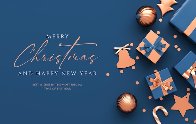 Merry Christmas banner template with gifts and gold ornaments on a blue background in flat lay