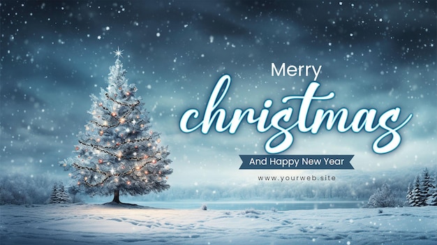 PSD merry christmas banner template with light winter background christmas tree snow