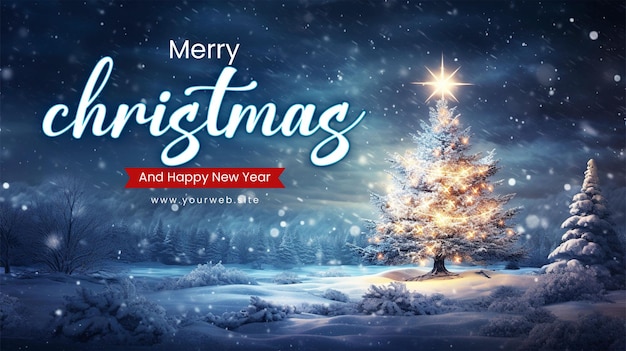 PSD merry christmas banner template with light winter background christmas tree snow