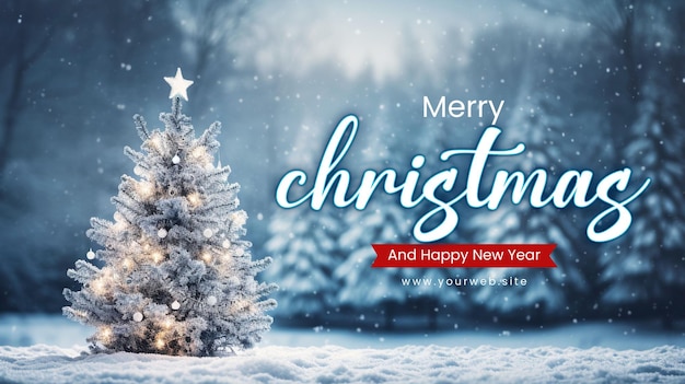 PSD merry christmas banner template with light winter background christmas tree snow