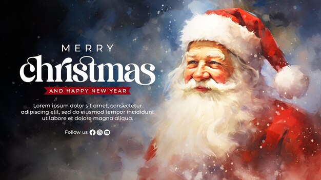 PSD merry christmas banner template with santa claus in watercolor style