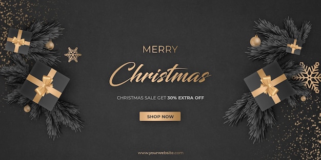 PSD merry christmas banner with dark background amp gifts