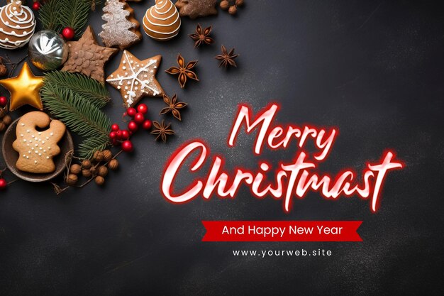PSD merry christmas banner with festive christmas assortment and dark background