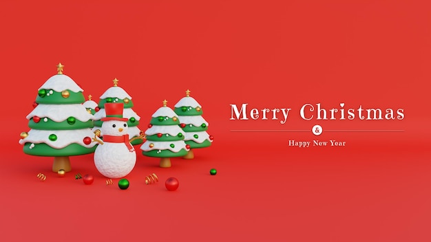 Merry Christmas Banner With Snowman and Christmas Trees