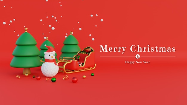 PSD merry christmas banner with snowman santa hat and santa claus carriage filled with gifts and snowfall on trees