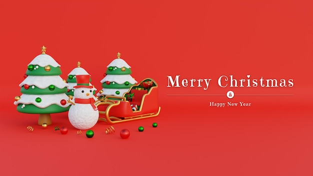 Merry Christmas Banner Z Bałwankiem I Karetą świętego Mikołaja Wypełnioną Prezentami