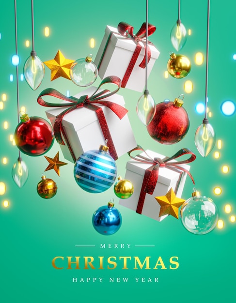메리 크리스마스 카드 포스터 템플릿 매달려 상자 선물 크리스마스 공 레드 블루 골드 크리스마스 조명 Bokeh 별 청록색 배경 3D 렌더링