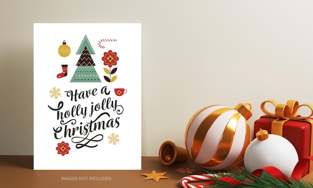 Merry Christmas Celebration Greeting Card With 3D Baubles Golden Jingle Bell Stars Gift Box Candy Cane Fir Leaf Against Background