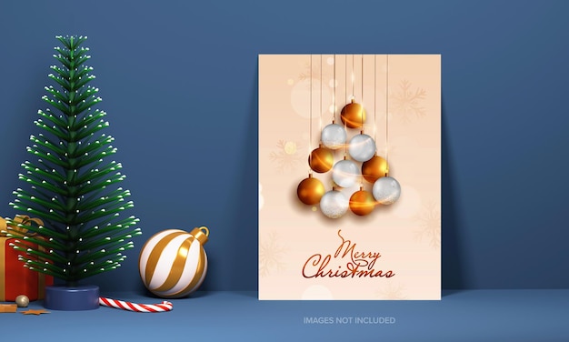 Modello di celebrazione di buon natale con palline 3d hang candy cane regalo e albero di abete su sfondo blu