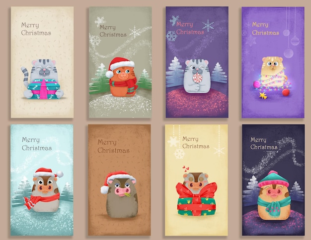 Merry christmas cute animals postal card instagram story phone wallpaper