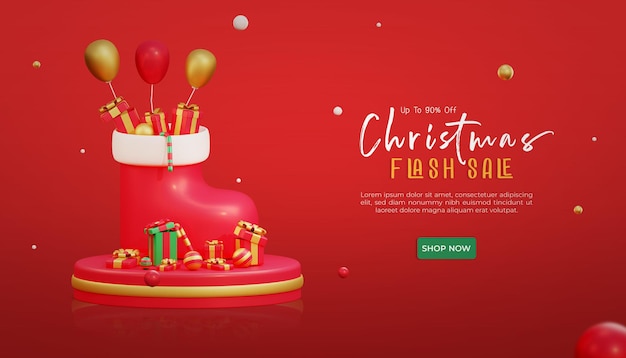 Banner di vendita flash di buon natale con calzino rosso gigante 3d e ornamenti natalizi