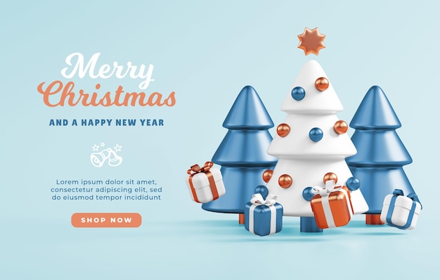 Merry Christmas flyer-sjabloon met bomen gouden geschenken en ballen op een blauwe achtergrond en kopieer ruimte