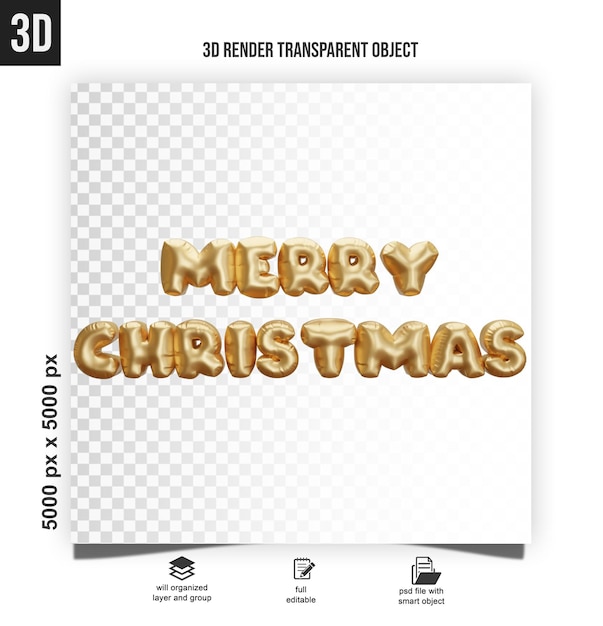 PSD buon natale in font palloncini dorati rendering 3d