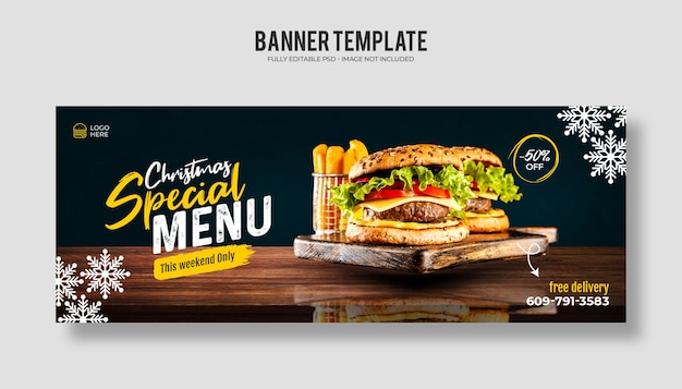 Merry christmas food menu and delicious pizza facebook cover banner template