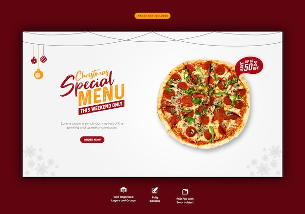 Menu di cibo di buon natale e modello di banner web pizza deliziosa