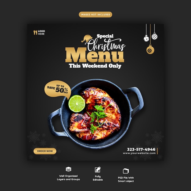 Merry christmas food menu and restaurant social media banner template