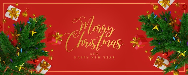 merry christmas greeting background with 3d render realistic tree and gift present