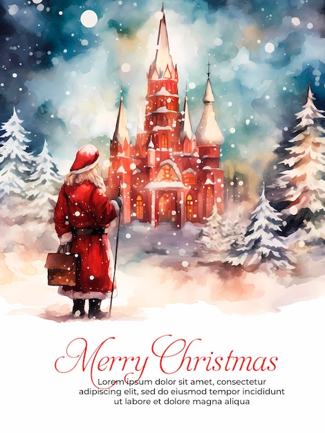 PSD merry christmas greeting card banner design with santa must ride a sleigh