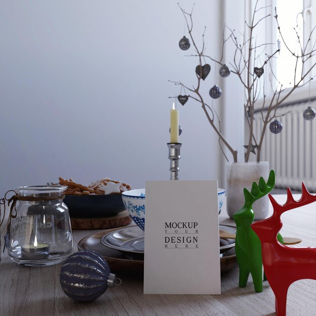 Merry christmas greeting card mockup with christmas decoration