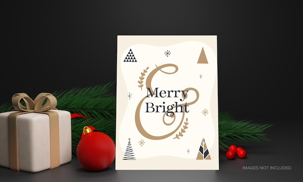 PSD merry christmas greeting card with 3d gift box bauble berry and fir leaves on black background