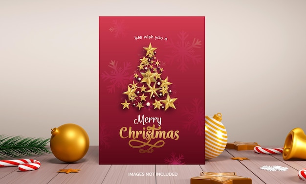 Merry christmas greeting card with xmas tree made by 3d golden stars baubles jingle bells candy cane fir leaves against background