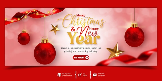 Merry christmas and happy new year 2024 celebration facebook cover banner template