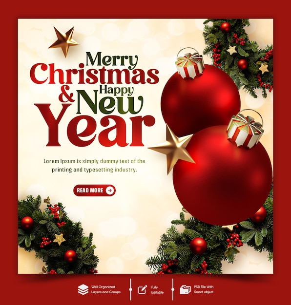 Merry christmas amp happy new year 2024 celebration social media post design or banner template