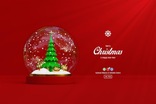 Merry Christmas and happy new year 3d background template with cute pine trees bauble balls isolated