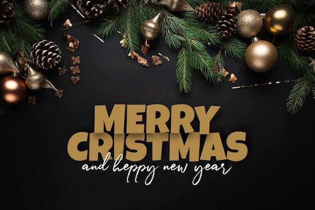 PSD merry christmas and happy new year background christmas brance pine tree leaf little lamps decorat