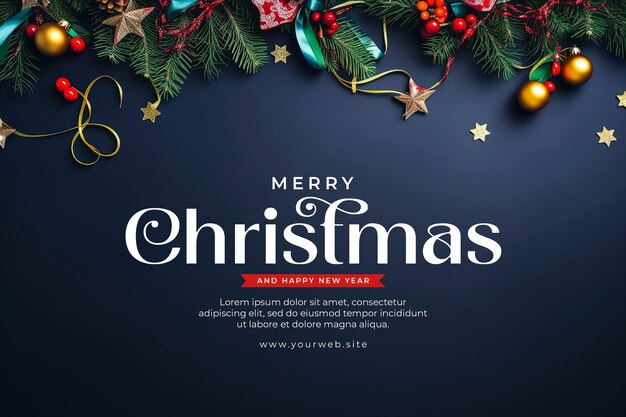 PSD merry christmas and happy new year background with gifts christmas leave and little lamps decoration