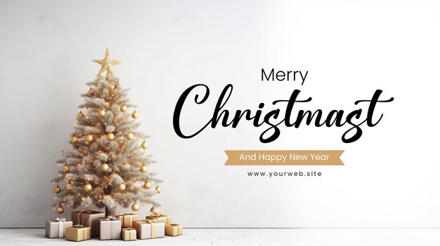 PSD merry christmas and happy new year banner template christmas tree in living room on empty light