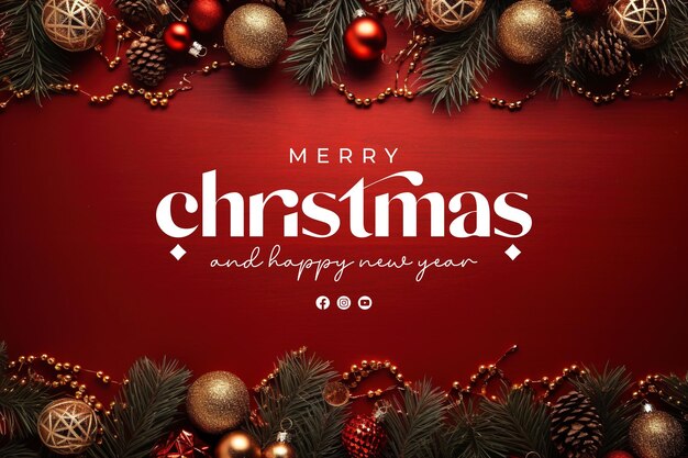 PSD merry christmas and happy new year banner template with christmas brance gifts pine tree leaf