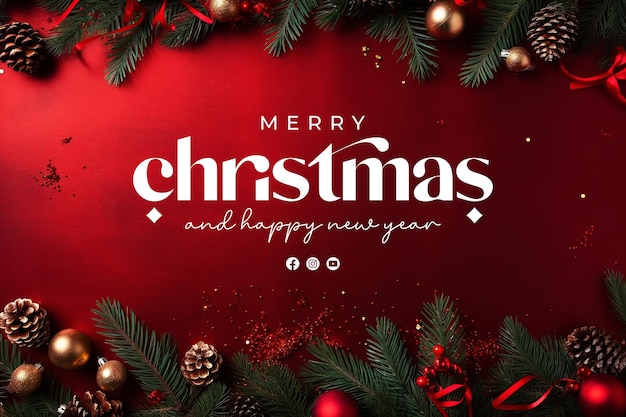 PSD merry christmas and happy new year banner template with christmas brance gifts pine tree leaf