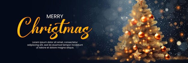 PSD merry christmas and happy new year banner template with christmas tree with baubles and blurred shin