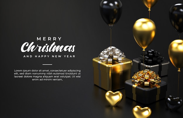 PSD merry christmas and happy new year banner template with gift boxes and balloons