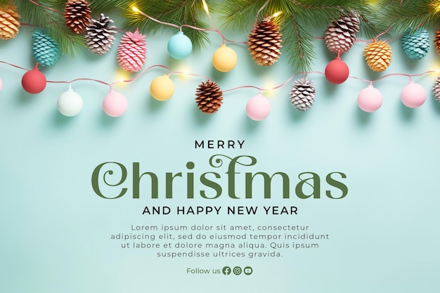 PSD merry christmas and happy new year banner template with with christmas brance pine tree leaf