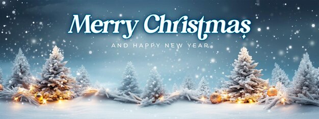 PSD merry christmas and happy new year banner template with xmas tree with snow decorated